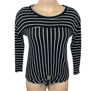 Large Black White Stripe Waffle Knit Long Sleeve Stretch Top Wanna B 12 14